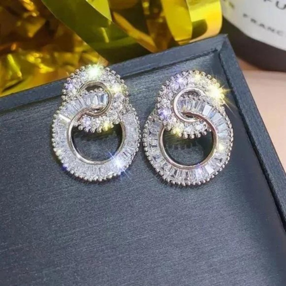 NEW 925 Sterling Silver Diamond Hoop Earrings, beautiful Earrings, cute Earrings - Picture 2 of 8